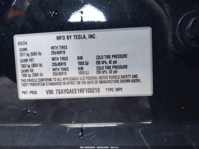 Aukcja sprzedaży 2024 Tesla Model Y Long Range Dual Motor All-wheel Drive, vin: 7SAYGAEE1RF105219, numer aukcji: 45292849