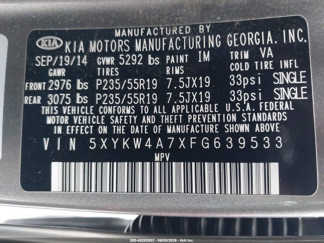 5XYKW4A7XFG639533 KIA Sorento Limited V6