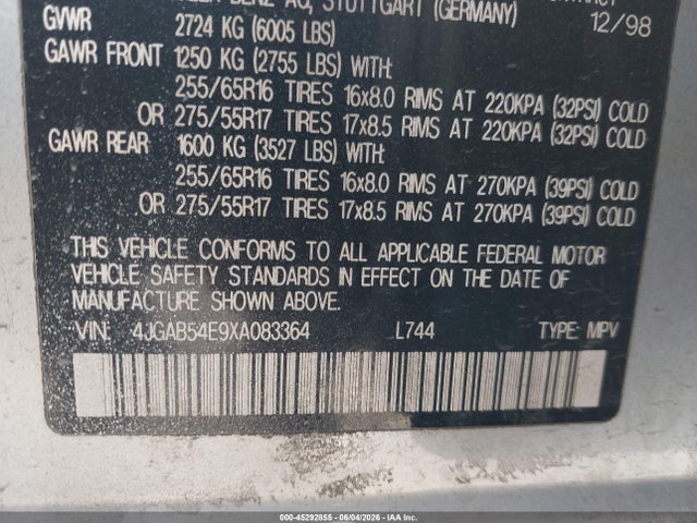 Aukcja sprzedaży 1999 Mercedes-benz Ml 320, vin: 4JGAB54E9XA083364, numer aukcji: 45292855