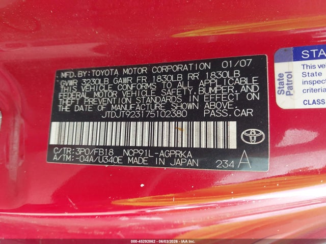 Aukcja sprzedaży 2007 Toyota Yaris, vin: JTDJT923175102380, numer aukcji: 45292862