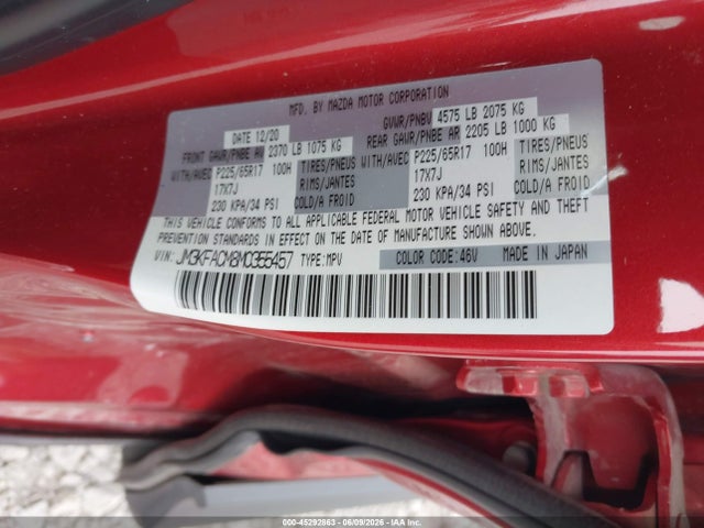 2021 Mazda Cx-5 Touring მანქანა იყიდება აუქციონზე, vin: JM3KFACM8M0355457, აუქციონის ნომერი: 45292863