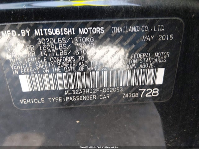 2015 Mitsubishi Mirage De/rf მანქანა იყიდება აუქციონზე, vin: ML32A3HJ2FH052053, აუქციონის ნომერი: 45292892