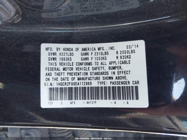 Aukcja sprzedaży 2014 Honda Accord Ex-l, vin: 1HGCR2F86EA172869, numer aukcji: 45292894