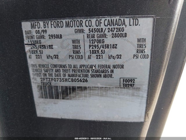 1999 Ford F-150 Svt Lightning მანქანა იყიდება აუქციონზე, vin: 2FTZF0735XCB05626, აუქციონის ნომერი: 45292913
