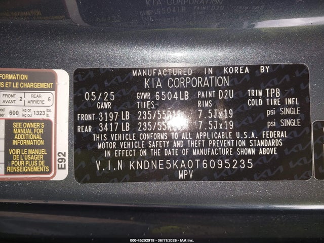 45292918 :رقم المزاد ، KNDNE5KA0T6095235 vin ، 2026 Kia Carnival Mpv Hybrid Sx مزاد بيع