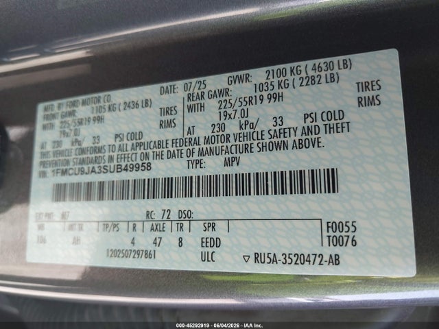 1FMCU9JA3SUB49958 Ford Escape Platinum