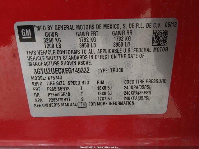Aukcja sprzedaży 2014 Gmc Sierra 1500 Sle, vin: 3GTU2UECXEG149332, numer aukcji: 45292922
