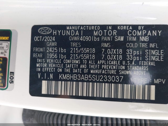 Aukcja sprzedaży 2025 Hyundai Kona Sel, vin: KM8HB3AB5SU233037, numer aukcji: 45292926