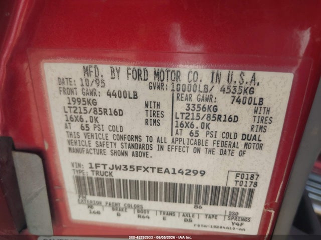 Продажа на аукционе авто 1996 Ford F350, vin: 1FTJW35FXTEA14299, номер лота: 45292933