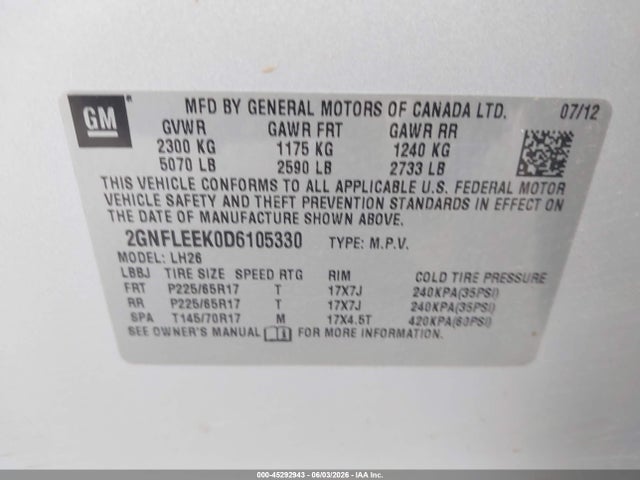 Aukcja sprzedaży 2013 Chevrolet Equinox 1lt, vin: 2GNFLEEK0D6105330, numer aukcji: 45292943
