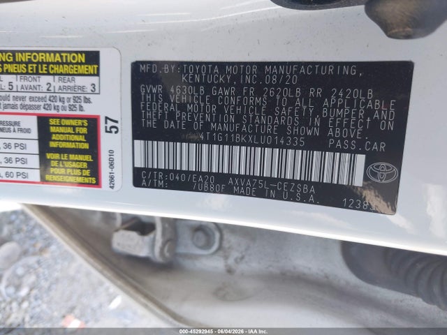 2020 Toyota Camry Se Awd მანქანა იყიდება აუქციონზე, vin: 4T1G11BKXLU014335, აუქციონის ნომერი: 45292945