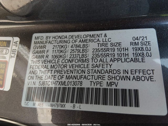 2021 Acura Rdx Advance Package მანქანა იყიდება აუქციონზე, vin: 5J8TC1H7XML013078, აუქციონის ნომერი: 45292946