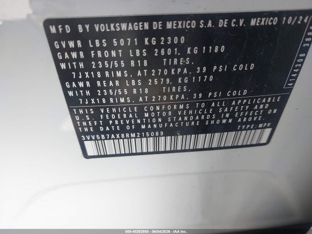 Aukcja sprzedaży 2024 Volkswagen Tiguan 2.0t Wolfsburg Edition, vin: 3VV5B7AX8RM215089, numer aukcji: 45292950