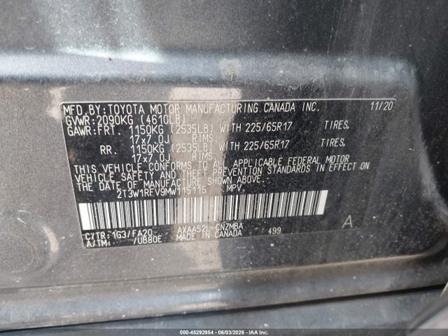 Aukcja sprzedaży 2021 Toyota Rav4 Xle, vin: 2T3W1RFV9MW115115, numer aukcji: 45292954