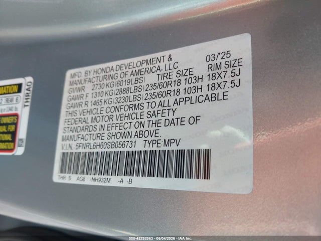 45292963 :رقم المزاد ، 5FNRL6H60SB056731 vin ، 2025 Honda Odyssey Ex-l مزاد بيع