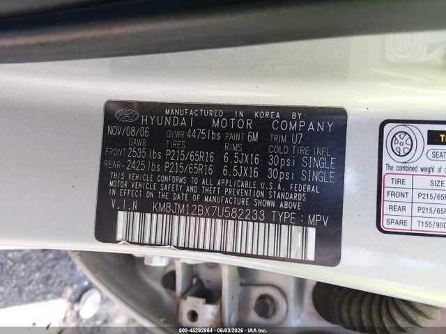 Продаж на аукціоні авто 2007 Hyundai Tucson Gls, vin: KM8JM12BX7U582233, номер лоту: 45292964