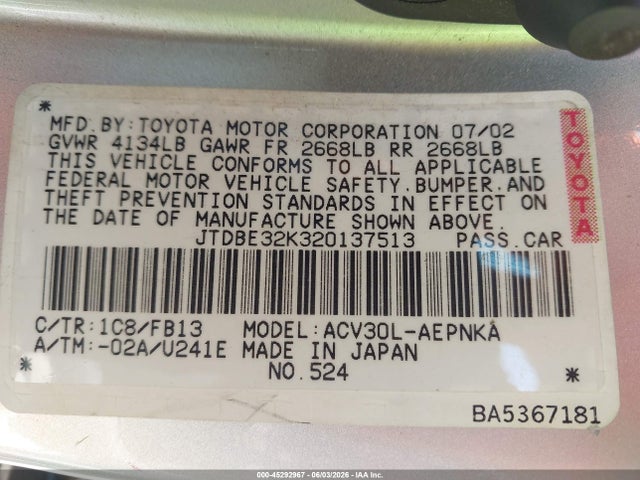 Aukcja sprzedaży 2002 Toyota Camry Le, vin: JTDBE32K320137513, numer aukcji: 45292967