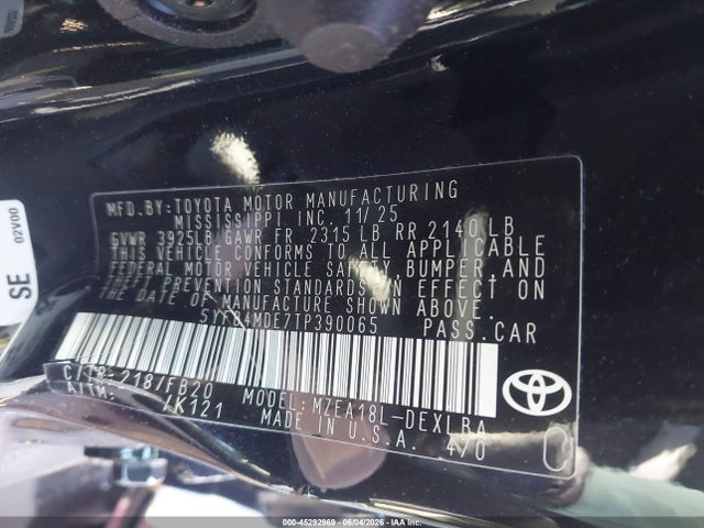 45292969 :رقم المزاد ، 5YFB4MDE7TP390065 vin ، 2026 Toyota Corolla Le مزاد بيع