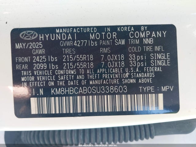 Aukcja sprzedaży 2025 Hyundai Kona Sel, vin: KM8HBCAB0SU338603, numer aukcji: 45292970