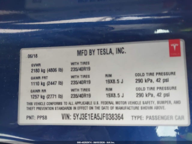 Aukcja sprzedaży 2018 Tesla Model 3 Long Range/mid Range, vin: 5YJ3E1EA5JF038364, numer aukcji: 45292974