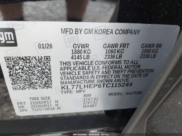 45292980 :رقم المزاد ، KL77LHEP6TC115244 vin ، 2026 Chevrolet Trax Fwd Lt مزاد بيع