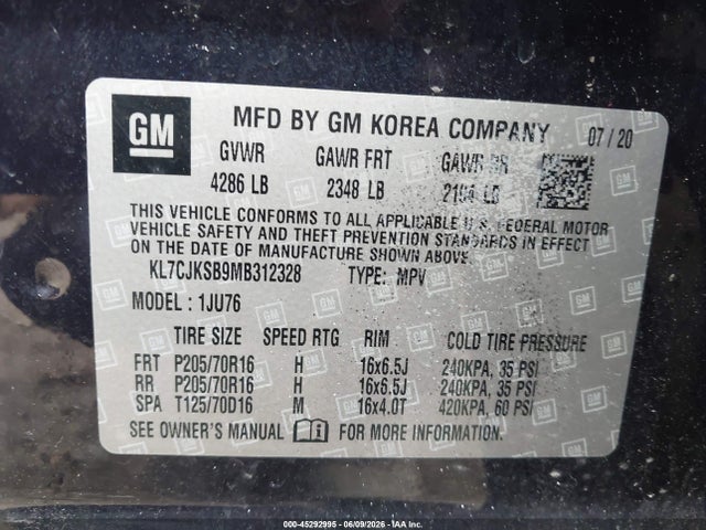 45292995 :رقم المزاد ، KL7CJKSB9MB312328 vin ، 2021 Chevrolet Trax Fwd Ls مزاد بيع