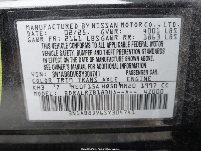 Aukcja sprzedaży 2025 Nissan Sentra Sr, vin: 3N1AB8DV6SY304741, numer aukcji: 45293001