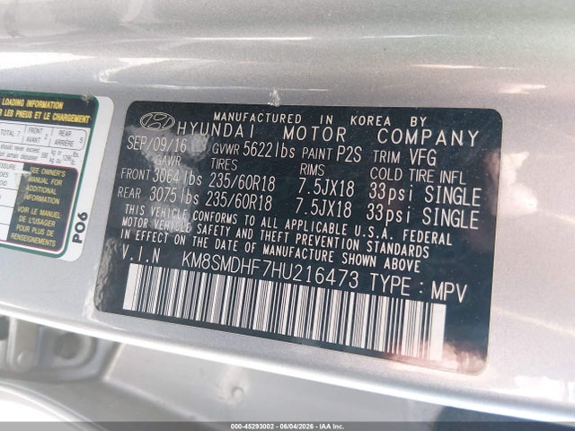 Aukcja sprzedaży 2017 Hyundai Santa Fe Se, vin: KM8SMDHF7HU216473, numer aukcji: 45293002