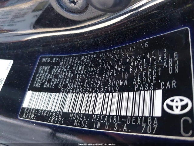 45293010 :رقم المزاد ، 5YFB4MDE3RP097109 vin ، 2024 Toyota Corolla Le مزاد بيع