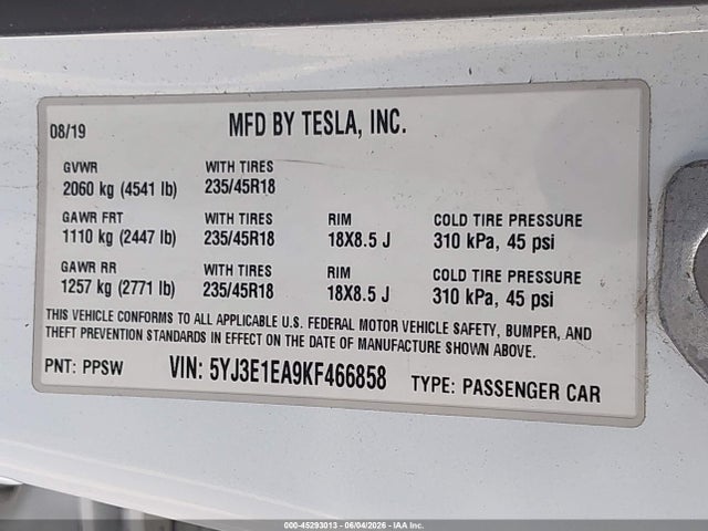 Tesla Model 3 Long Range/mid Range/standard Range/standard Range Plus 2019 5YJ3E1EA9KF466858 Image 9