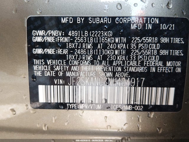 45293015 :رقم المزاد ، JF2SKANC3NH404917 vin ، 2022 Subaru Forester Limited مزاد بيع