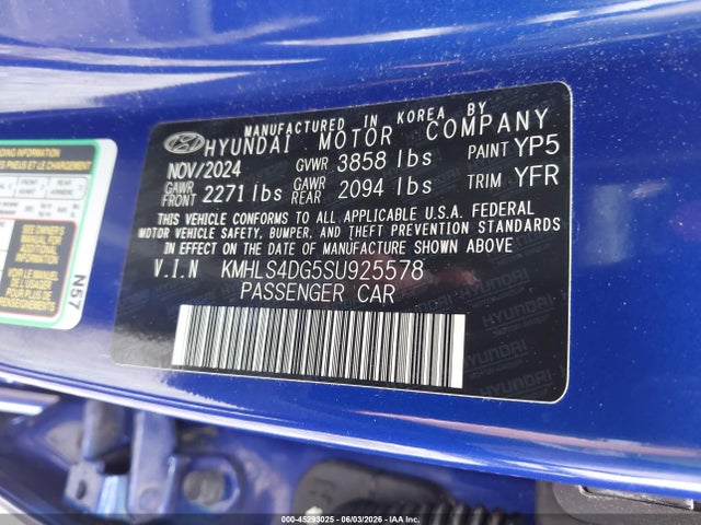 Aukcja sprzedaży 2025 Hyundai Elantra Sel Convenience, vin: KMHLS4DG5SU925578, numer aukcji: 45293025