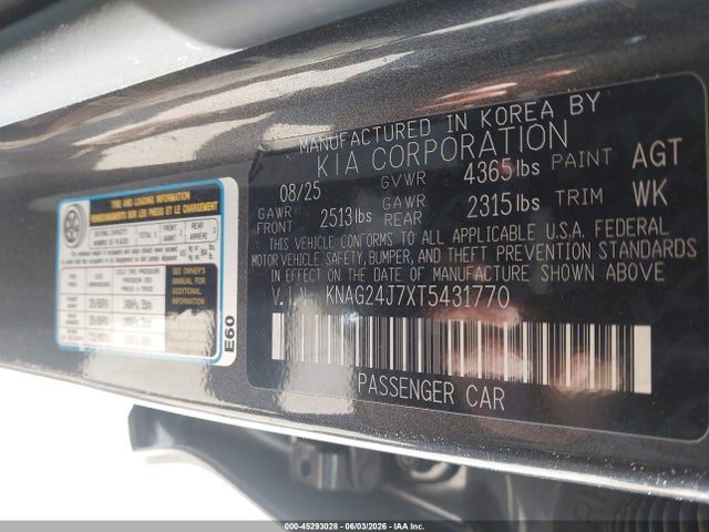 2026 Kia K5 Lxs Fwd მანქანა იყიდება აუქციონზე, vin: KNAG24J7XT5431770, აუქციონის ნომერი: 45293028