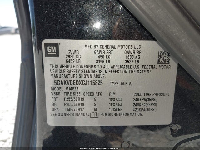 45293031 :رقم المزاد ، 5GAKVCEDXCJ115325 vin ، 2012 Buick Enclave Leather مزاد بيع