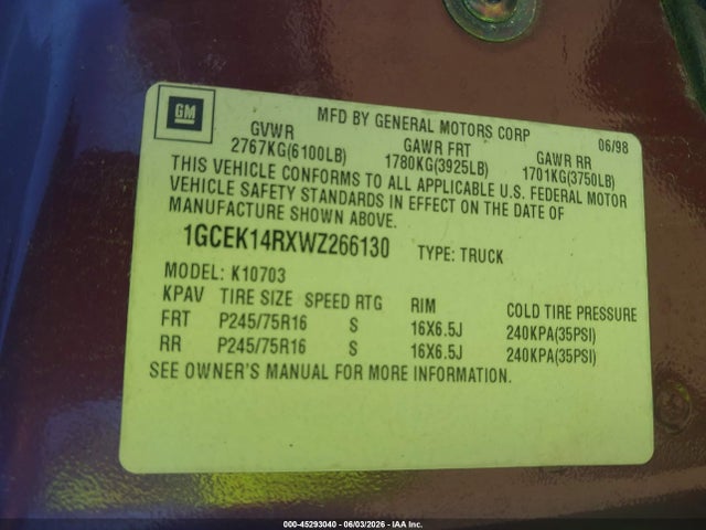 Продажа на аукционе авто 1998 Chevrolet K1500 Fleetside, vin: 1GCEK14RXWZ266130, номер лота: 45293040