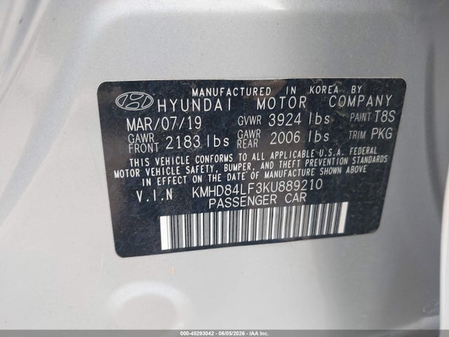 Aukcja sprzedaży 2019 Hyundai Elantra Sel, vin: KMHD84LF3KU889210, numer aukcji: 45293042