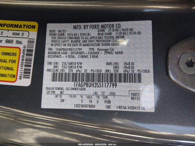 45293045 :رقم المزاد ، 1FAGP8UH3S5117799 vin ، 2025 Ford Mustang Ecoboost Premium مزاد بيع