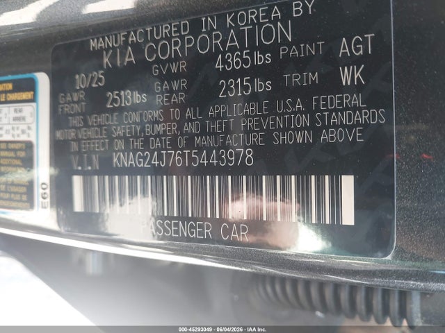 2026 Kia K5 Lxs Fwd მანქანა იყიდება აუქციონზე, vin: KNAG24J76T5443978, აუქციონის ნომერი: 45293049