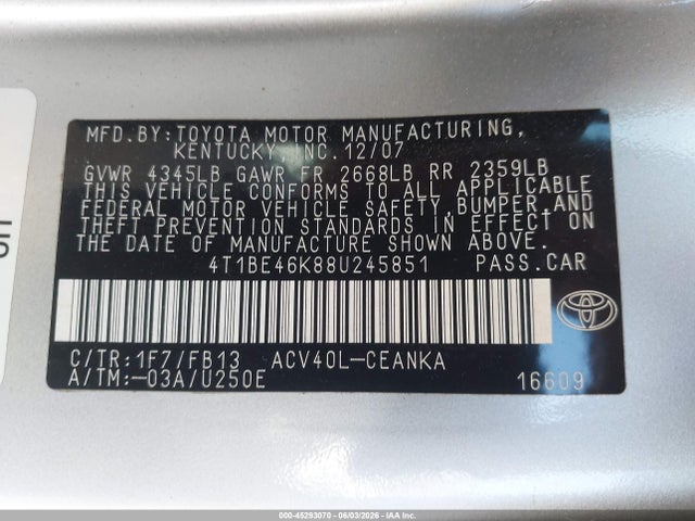 2008 Toyota Camry მანქანა იყიდება აუქციონზე, vin: 4T1BE46K88U245851, აუქციონის ნომერი: 45293070