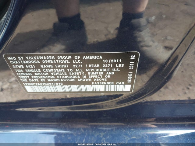 45293081 :رقم المزاد ، 1VWBP7A37CC017819 vin ، 2012 Volkswagen Passat 2.5l Se مزاد بيع