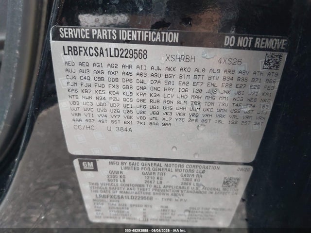 Продажа на аукционе авто 2020 Buick Envision Fwd Essence, vin: LRBFXCSA1LD229568, номер лота: 45293085