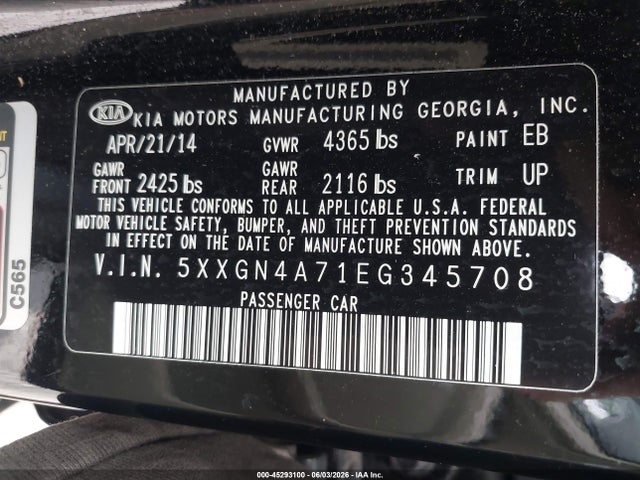 2014 Kia Optima Ex მანქანა იყიდება აუქციონზე, vin: 5XXGN4A71EG345708, აუქციონის ნომერი: 45293100