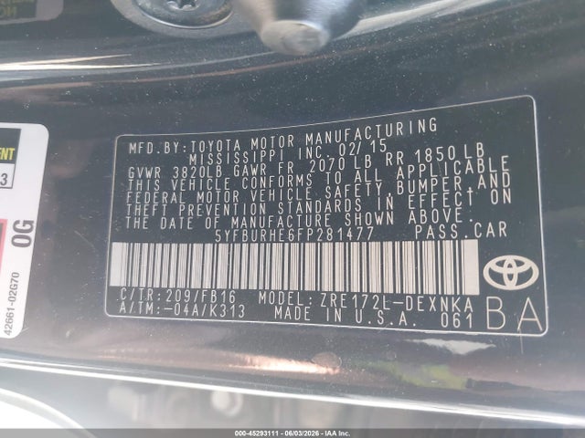 2015 Toyota Corolla Le მანქანა იყიდება აუქციონზე, vin: 5YFBURHE6FP281477, აუქციონის ნომერი: 45293111