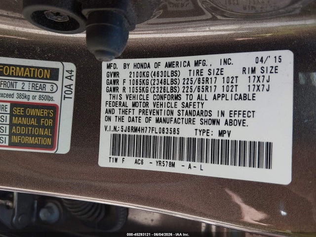 Aukcja sprzedaży 2015 Honda Cr-v Ex-l, vin: 5J6RM4H77FL063585, numer aukcji: 45293121