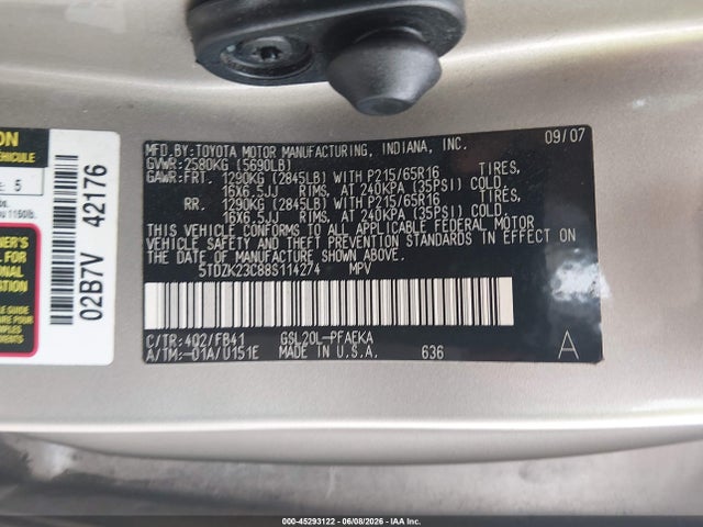 45293122 :رقم المزاد ، 5TDZK23C88S114274 vin ، 2008 Toyota Sienna Ce مزاد بيع