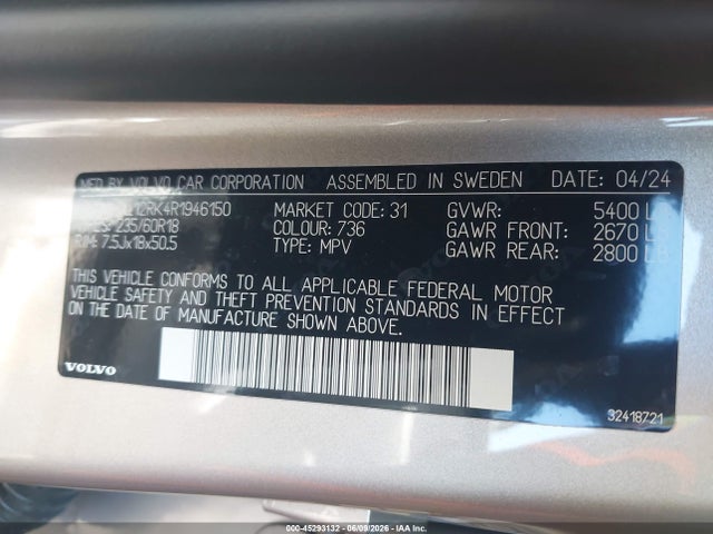 45293132 :رقم المزاد ، YV4L12RK4R1946150 vin ، 2024 Volvo Xc60 B5 Core Dark Theme مزاد بيع