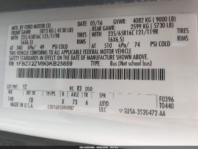 Aukcja sprzedaży 2016 Ford Transit-350 Xl, vin: 1FBZX2ZM9GKB25859, numer aukcji: 45293146
