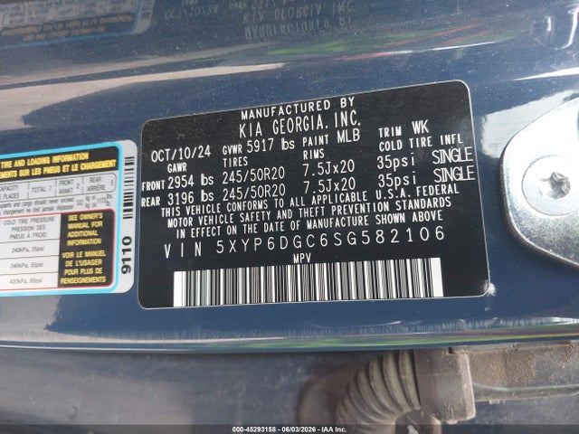 Продажа на аукционе авто 2025 Kia Telluride S, vin: 5XYP6DGC6SG582106, номер лота: 45293158