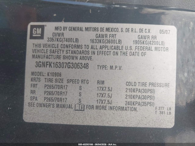 45293166 :رقم المزاد ، 3GNFK16307G306348 vin ، 2007 Chevrolet Suburban 1500 Commercial Fleet مزاد بيع