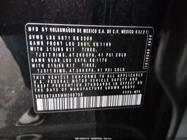 Aukcja sprzedaży 2021 Volkswagen Tiguan 2.0t Se/2.0t Se R-line Black/2.0t Sel, vin: 3VV2B7AX5MM099796, numer aukcji: 45293170
